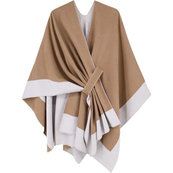 Women Shawl Wrap Poncho Cape Open Front Cardigan Fall Winter Camel Off White - Picture 1 of 6